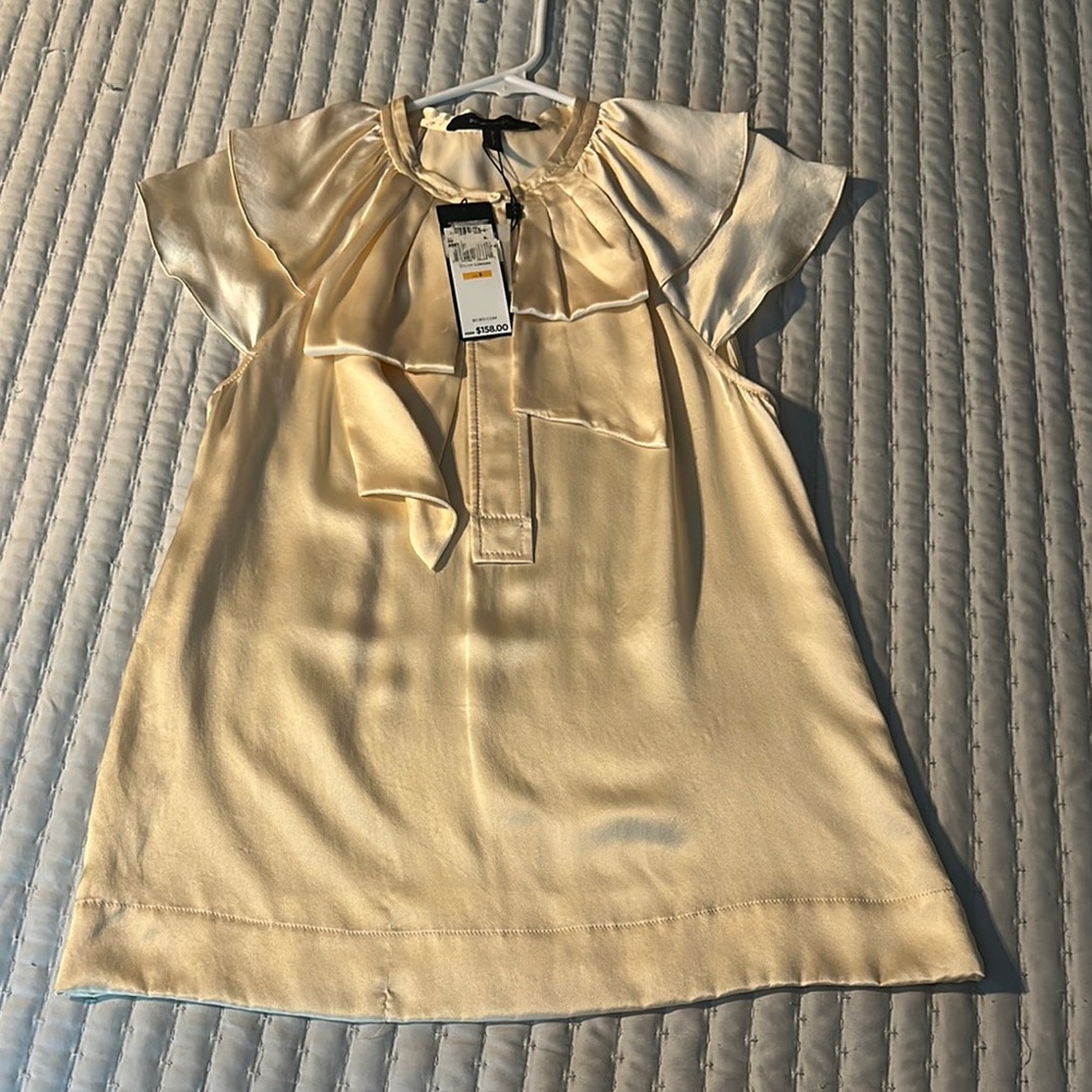 BCBGMaxAzria Tan Relaxed Blouse with Mandarin Collar